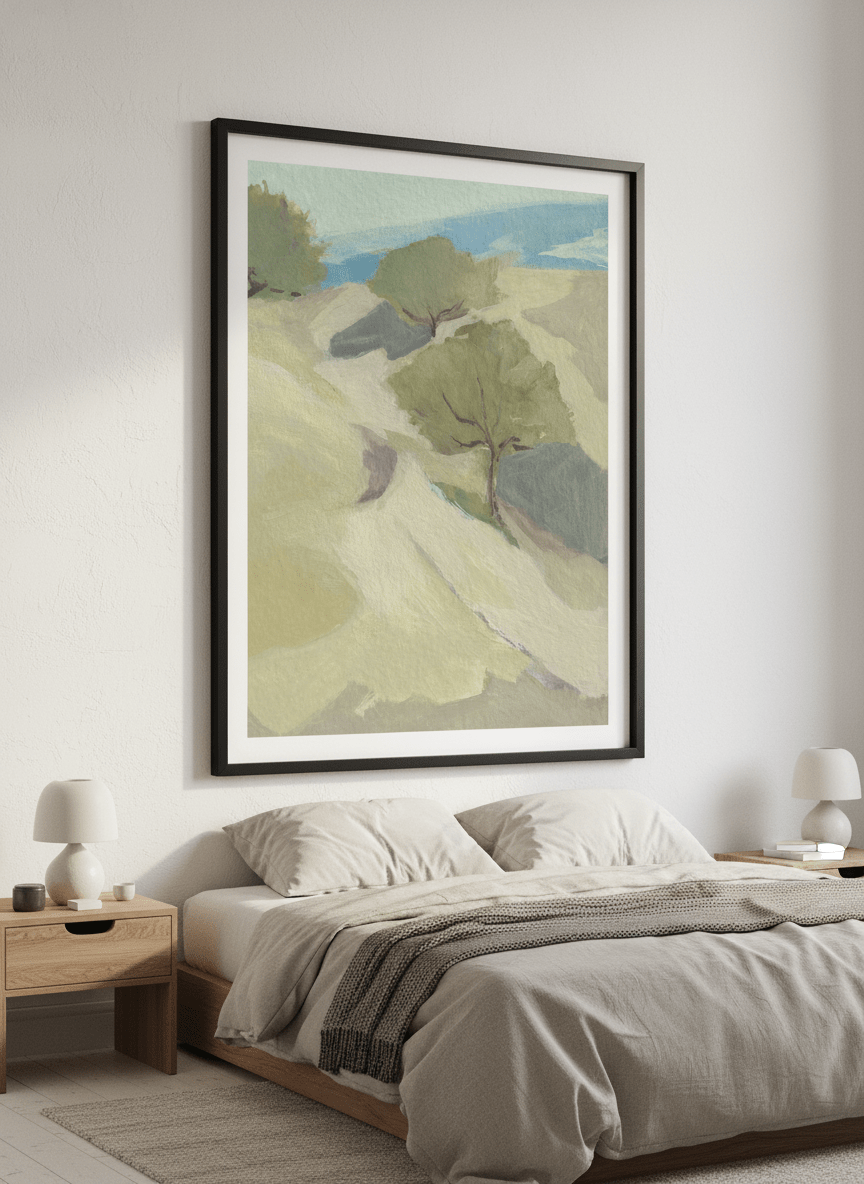 Minimalist artwork displayed in a calm, light-filled bedroom interior