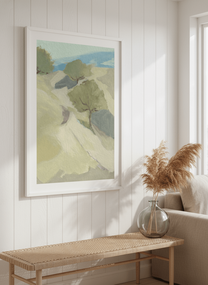 Neutral wall art displayed in a sunny coastal beach house