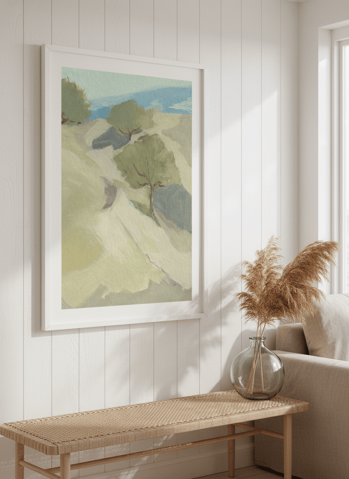 Neutral wall art displayed in a sunny coastal beach house