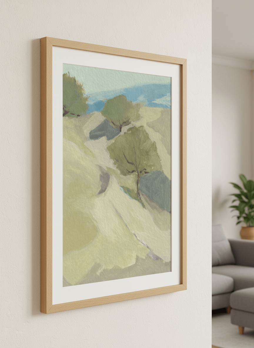 Modern wall art styled above a sofa in a neutral living room