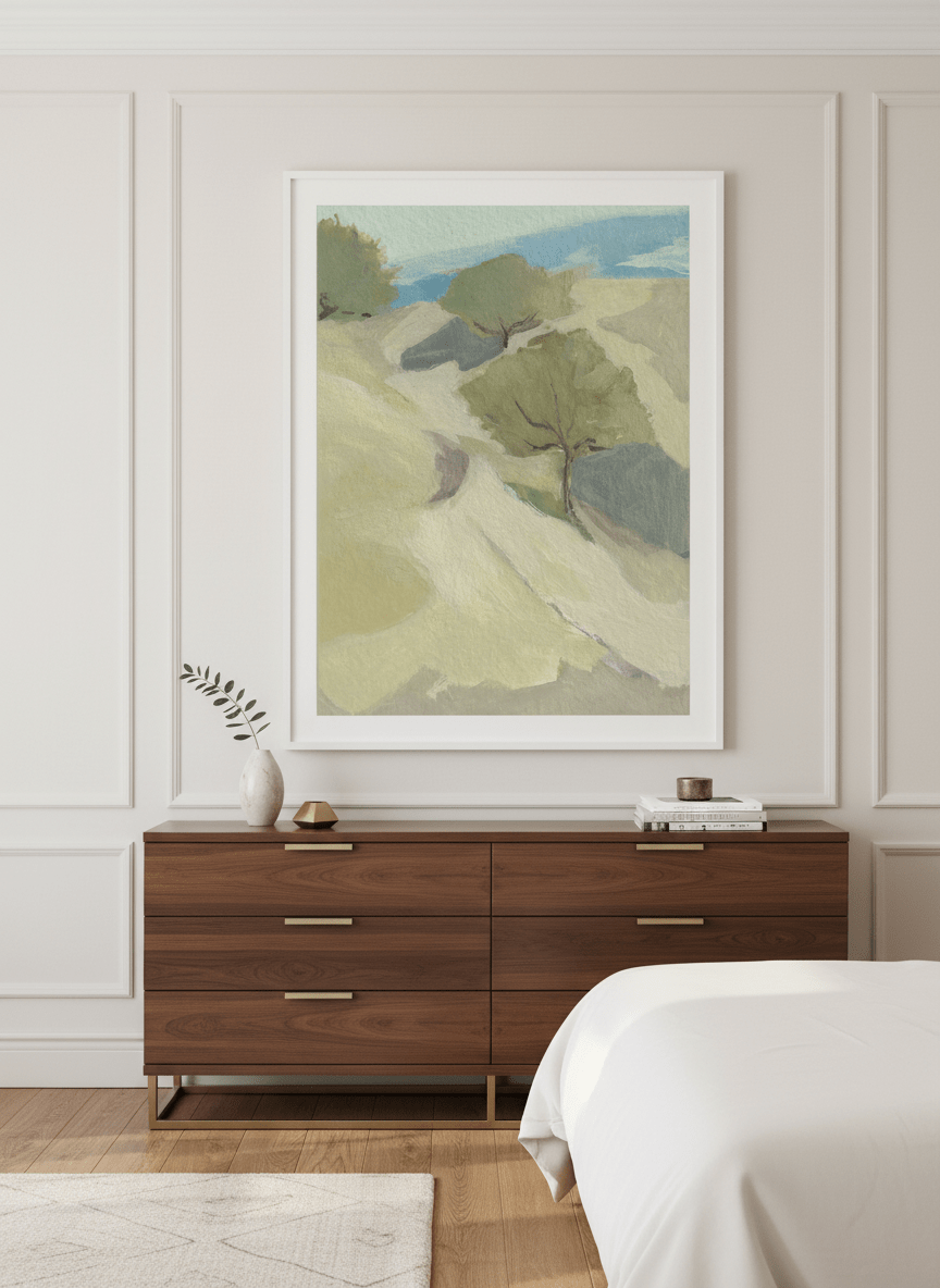 Monumental artwork centred on a feature wall in a luxe interior