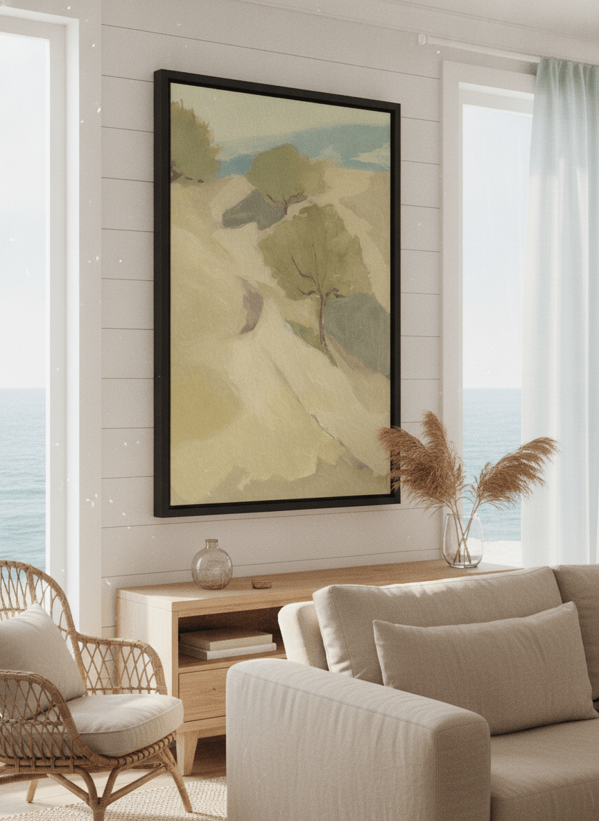 Neutral wall art displayed in a sunny coastal beach house