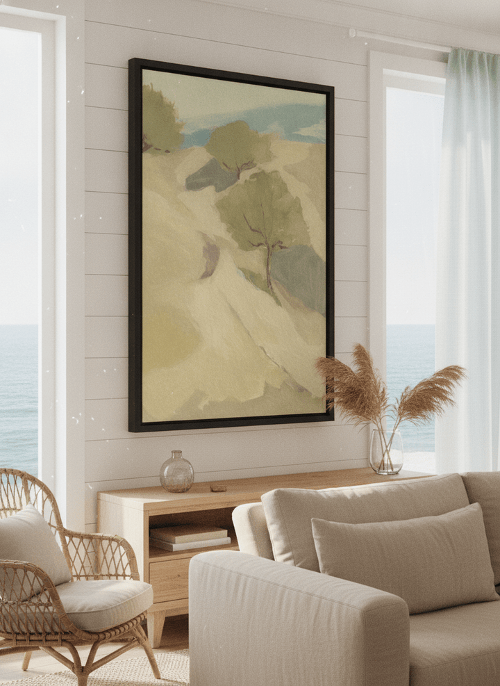 Neutral wall art displayed in a sunny coastal beach house