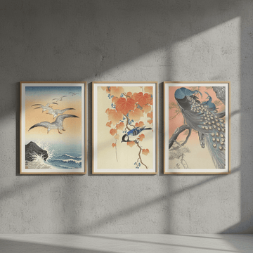 Trio of Japanese Orange Woodblock Bird Prints by Ohara Koson wall - art - picture - poster