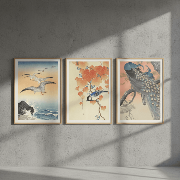 Trio of Japanese Orange Woodblock Bird Prints by Ohara Koson wall - art - picture - poster