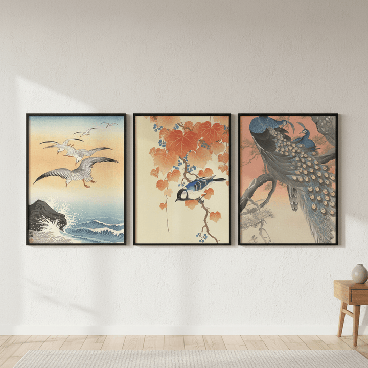 Trio of Japanese Orange Woodblock Bird Prints by Ohara Koson wall - art - picture - poster