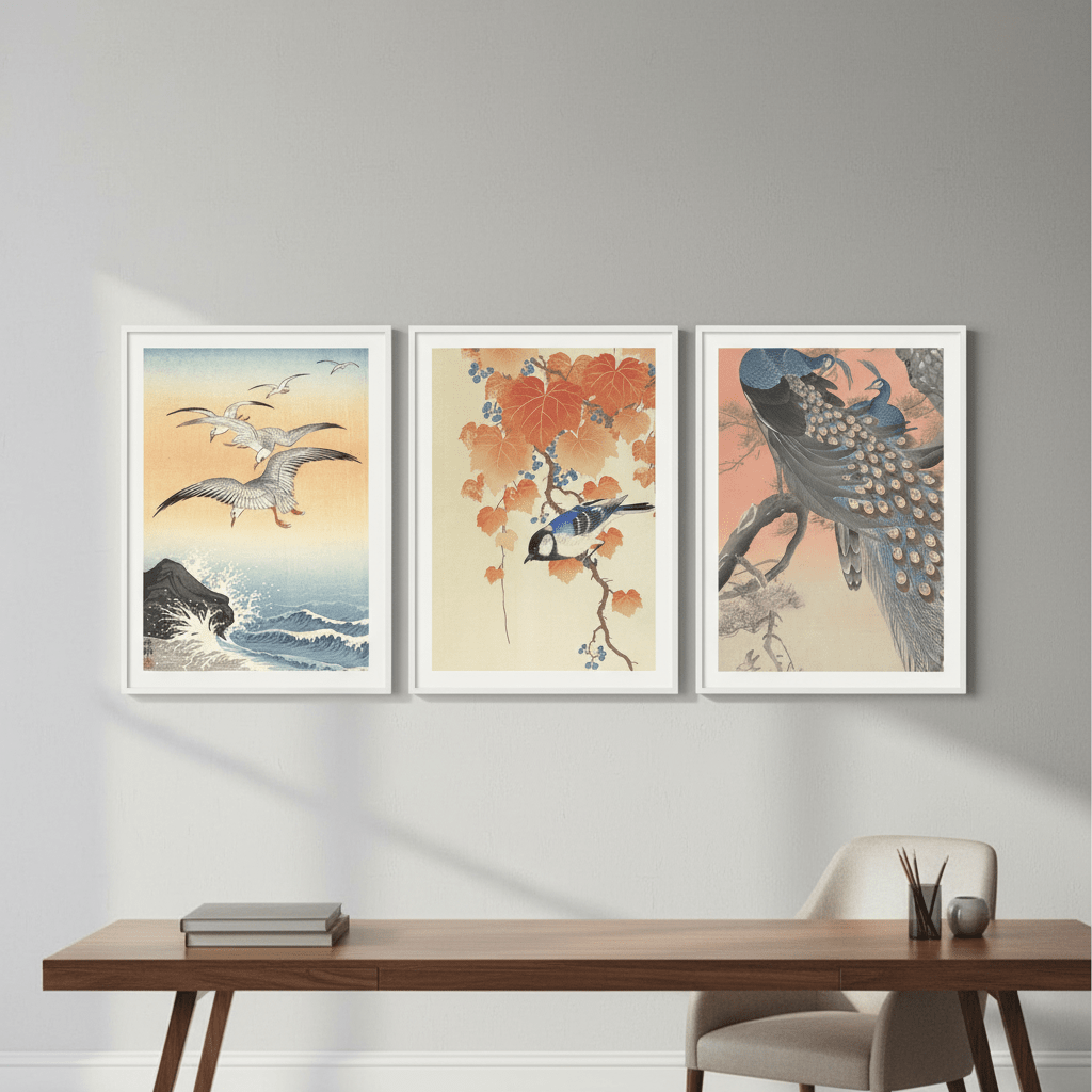 Trio of Japanese Orange Woodblock Bird Prints by Ohara Koson wall - art - picture - poster