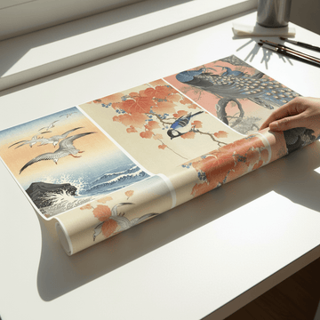 Trio of Japanese Orange Woodblock Bird Prints by Ohara Koson wall - art - picture - poster