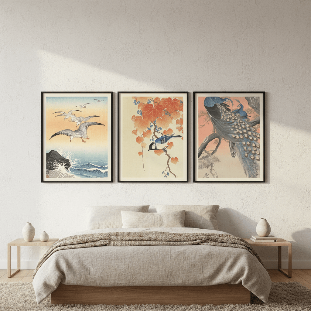 Trio of Japanese Orange Woodblock Bird Prints by Ohara Koson wall - art - picture - poster