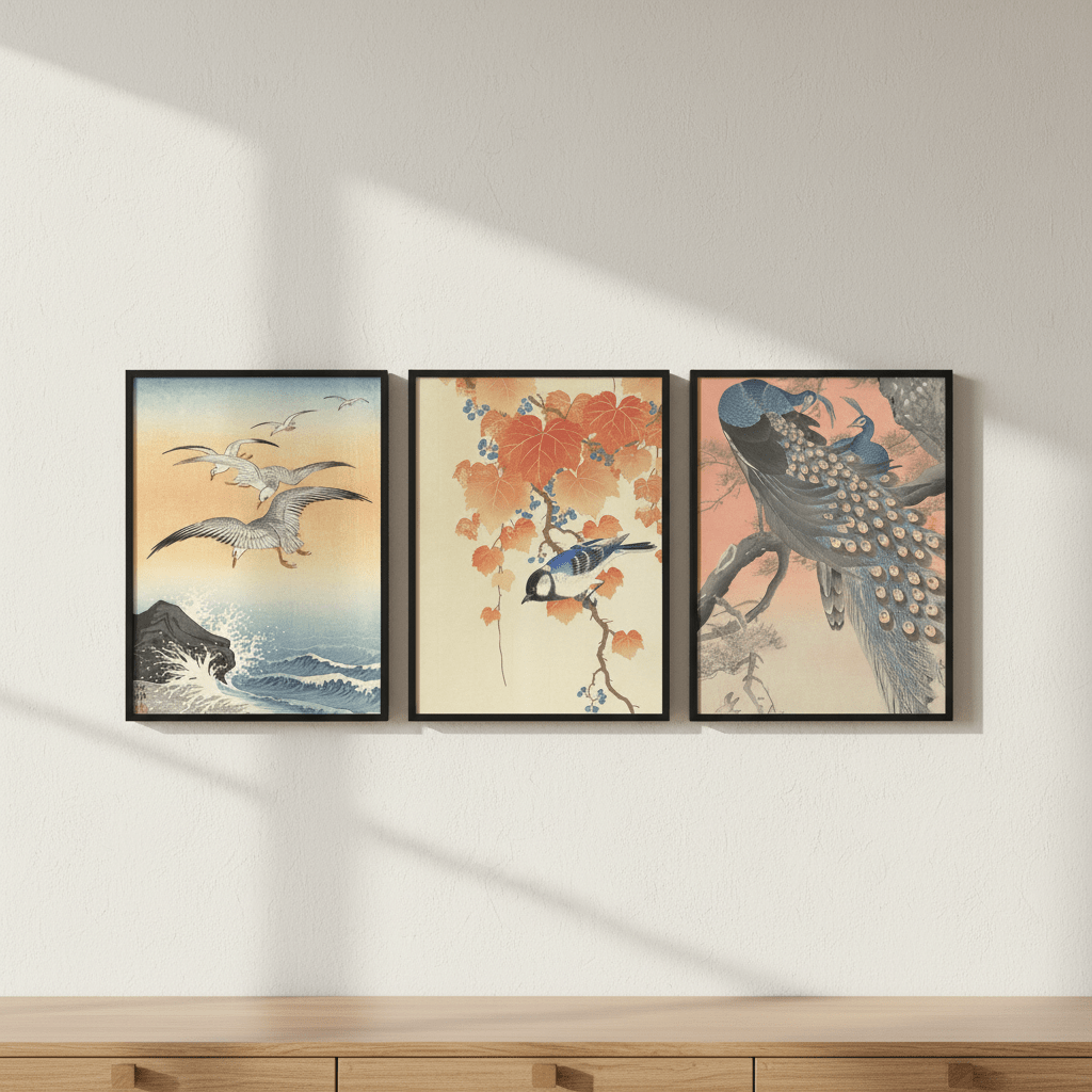 Trio of Japanese Orange Woodblock Bird Prints by Ohara Koson wall - art - picture - poster