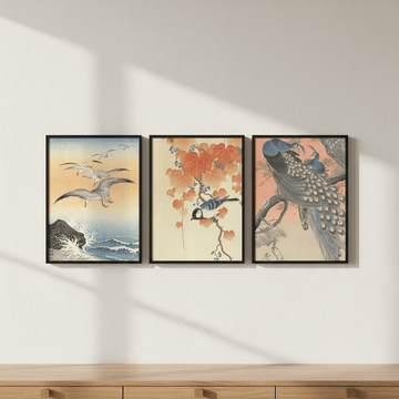 Trio of Japanese Orange Woodblock Bird Prints by Ohara Koson wall - art - picture - poster
