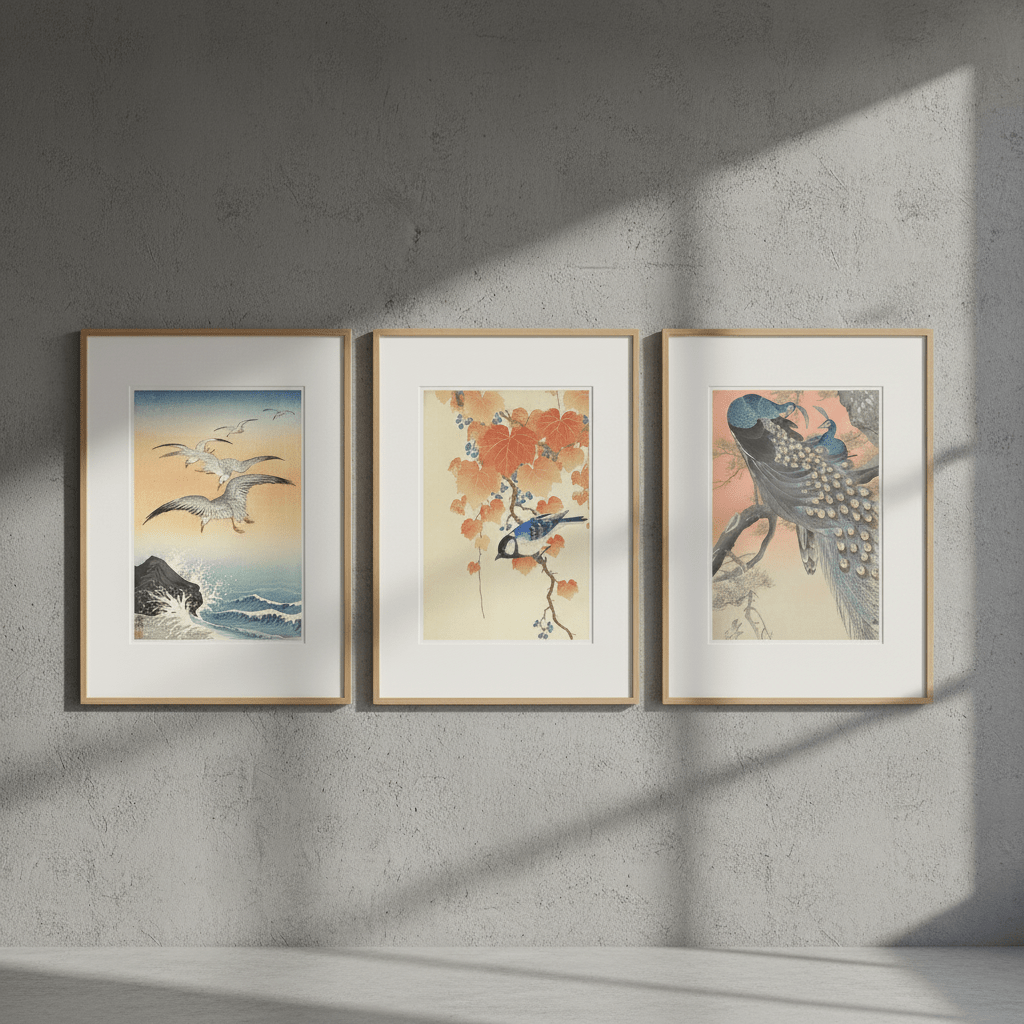 Trio of Japanese Orange Woodblock Bird Prints by Ohara Koson wall - art - picture - poster