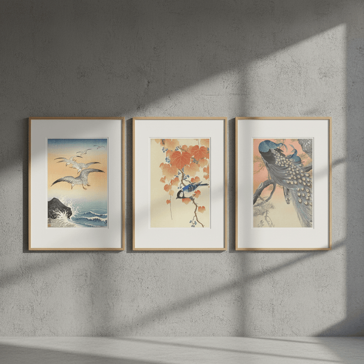 Trio of Japanese Orange Woodblock Bird Prints by Ohara Koson wall - art - picture - poster