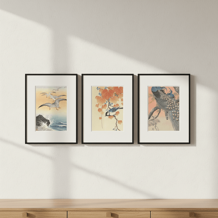 Trio of Japanese Orange Woodblock Bird Prints by Ohara Koson wall - art - picture - poster