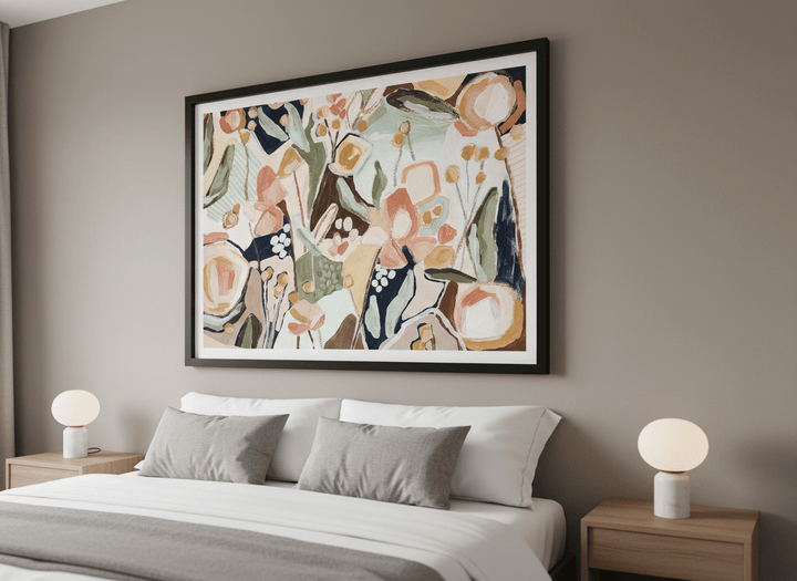 Minimalist artwork displayed in a calm, light-filled bedroom interior