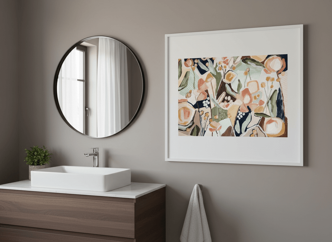 Modern print displayed in a clean minimalist bathroom setting