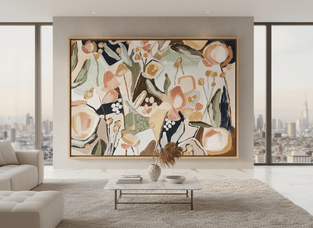 Monumental artwork centred on a feature wall in a luxe interior