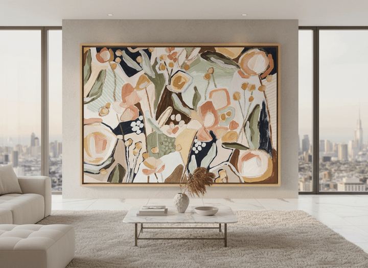 Monumental artwork centred on a feature wall in a luxe interior