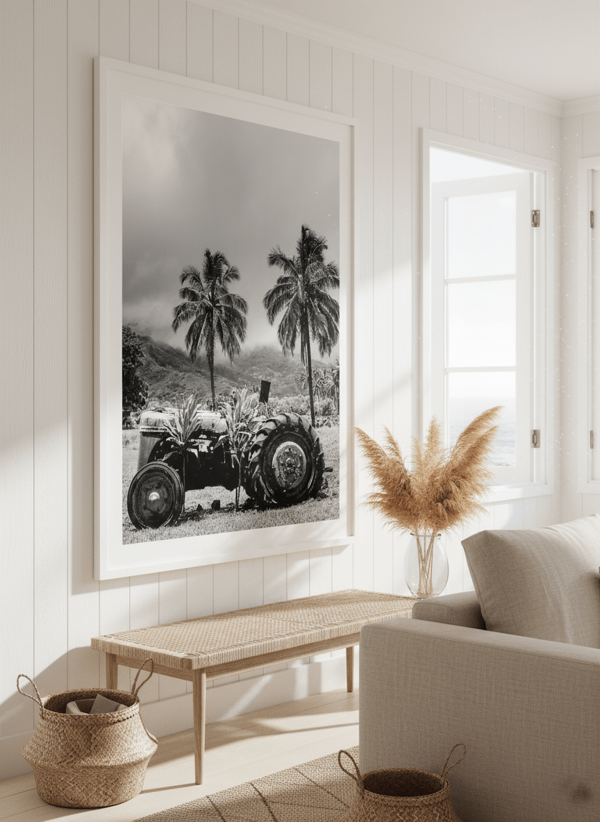 Neutral wall art displayed in a sunny coastal beach house