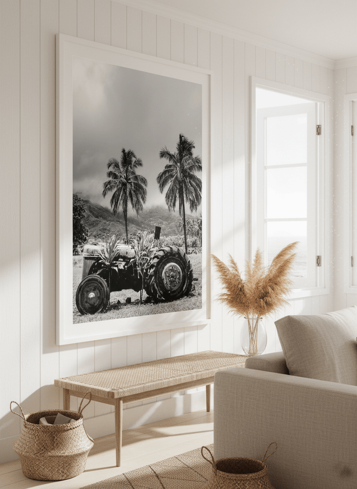 Neutral wall art displayed in a sunny coastal beach house