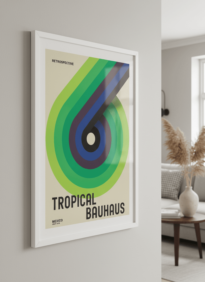 Modern wall art styled above a sofa in a neutral living room