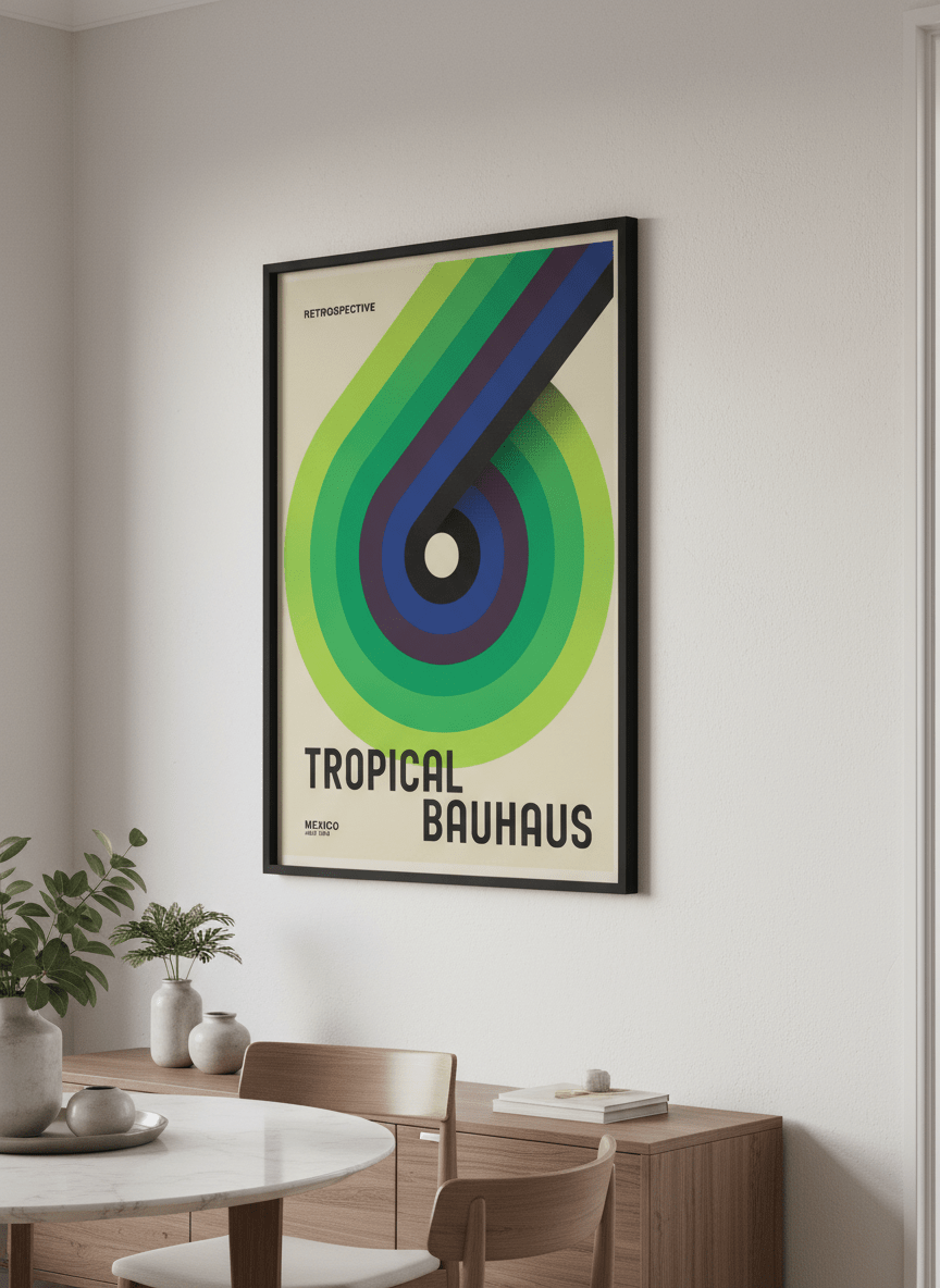 Wall art styled above a dining table in a contemporary home