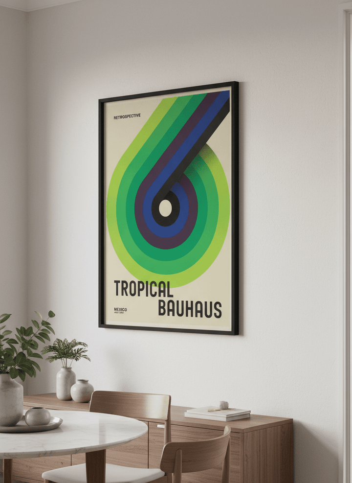 Wall art styled above a dining table in a contemporary home