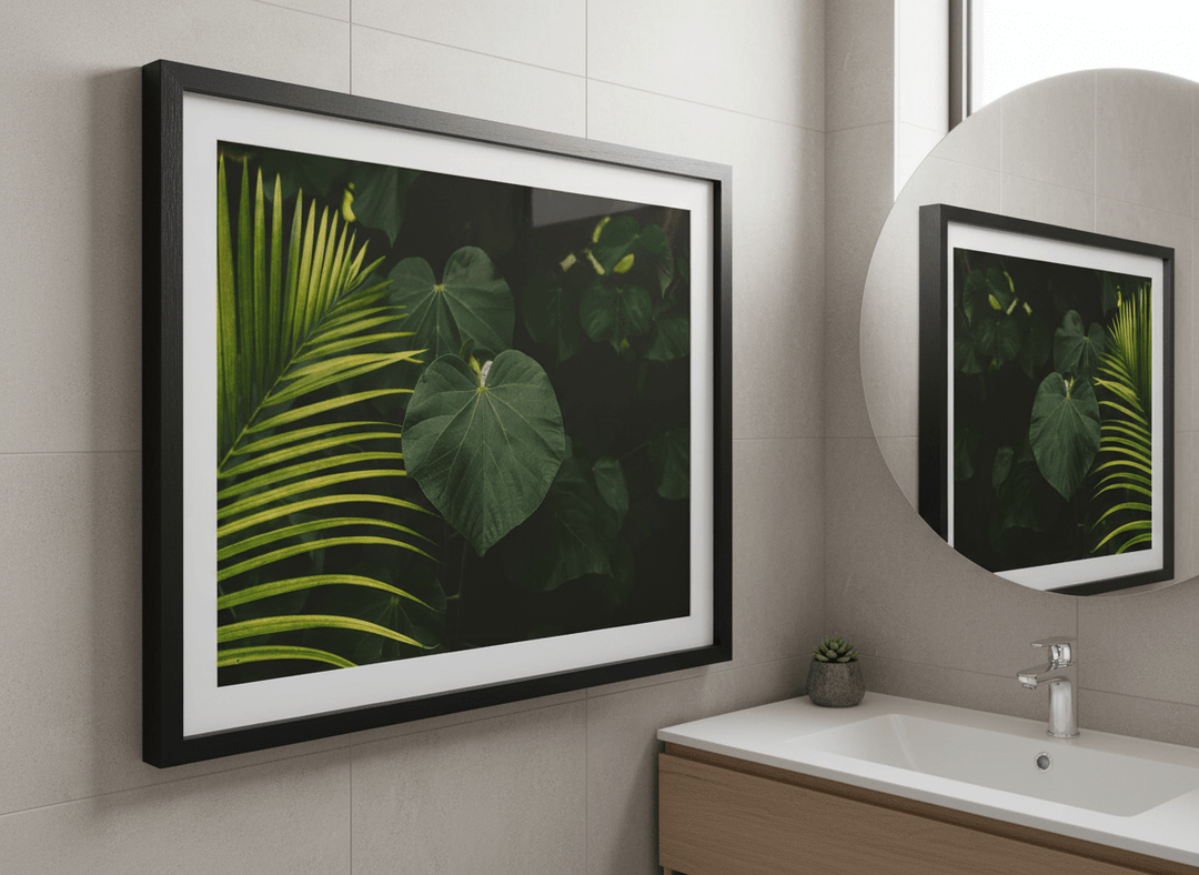 Modern print displayed in a clean minimalist bathroom setting