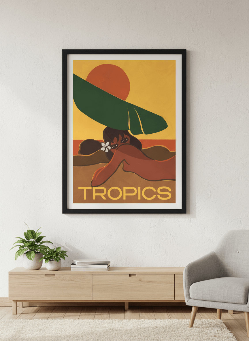 Modern wall art styled above a sofa in a neutral living room