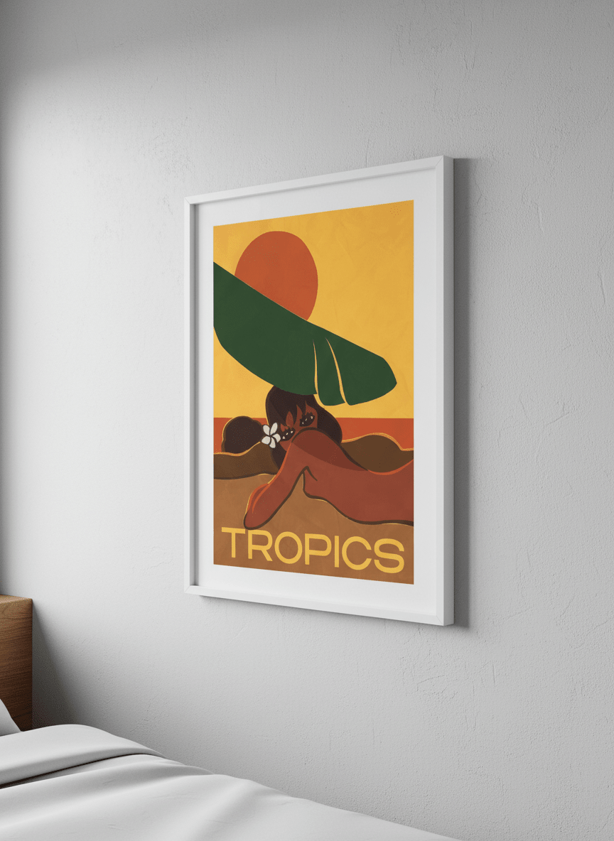 Minimalist artwork displayed in a calm, light-filled bedroom interior