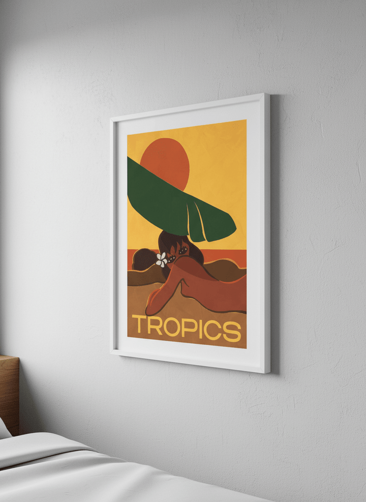 Minimalist artwork displayed in a calm, light-filled bedroom interior