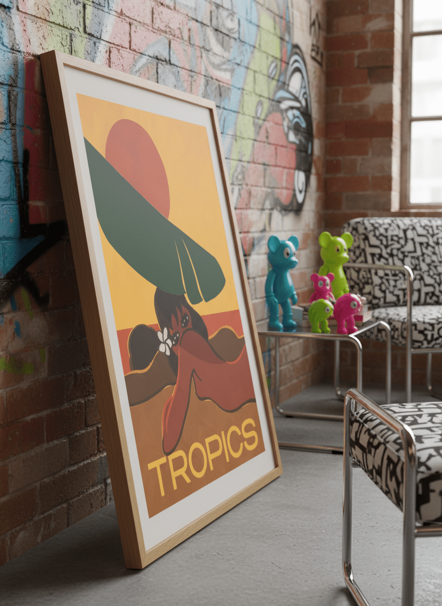 Bold wall art styled in a colourful, eclectic modern home