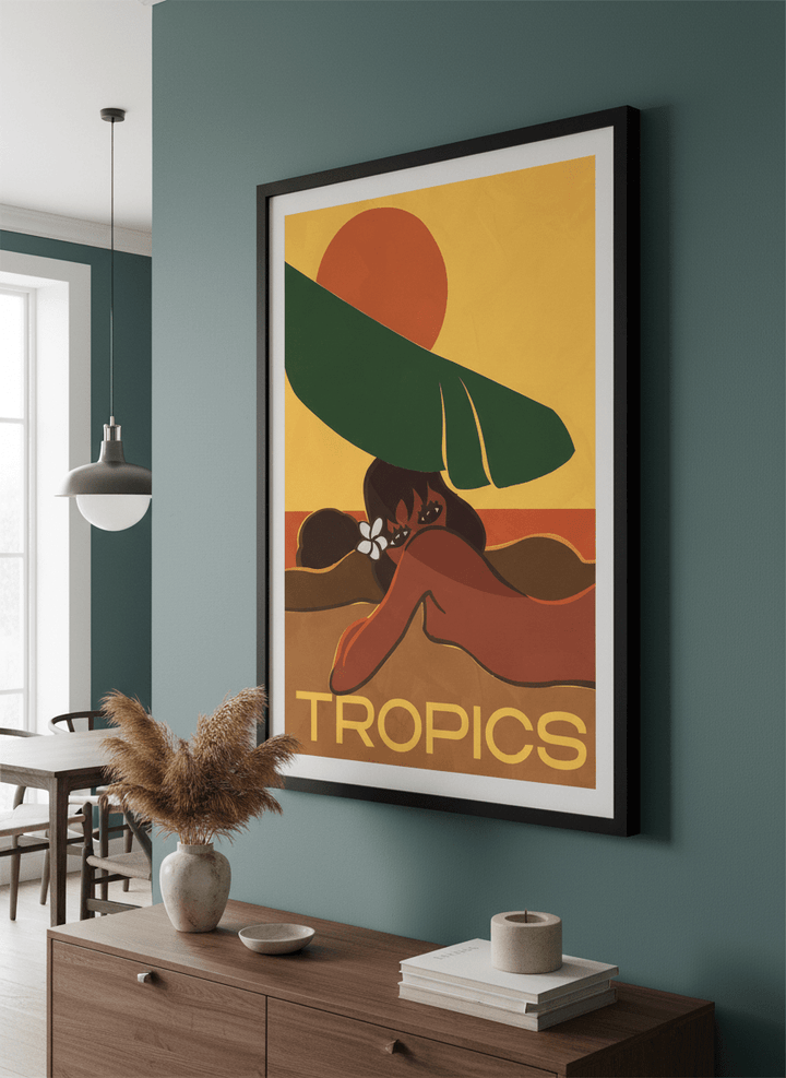 Wall art styled above a dining table in a contemporary home