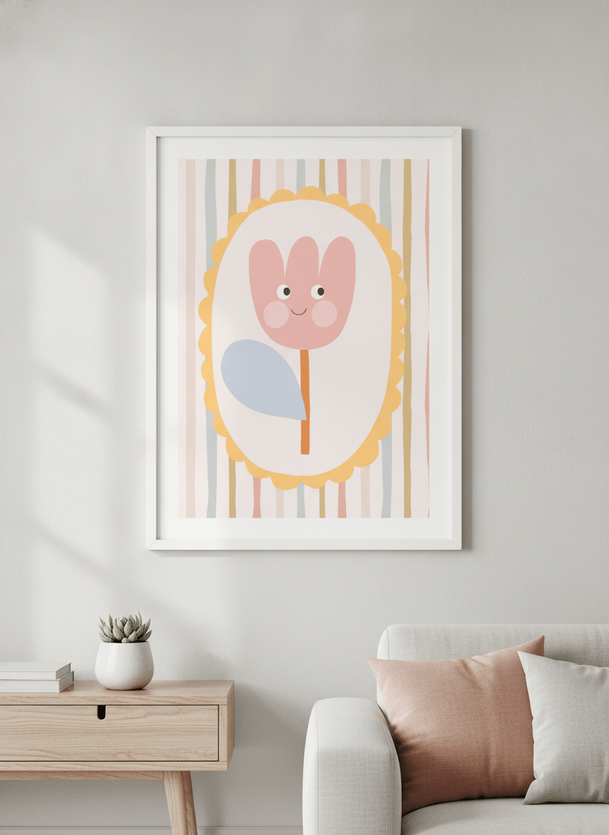 Modern wall art styled above a sofa in a neutral living room