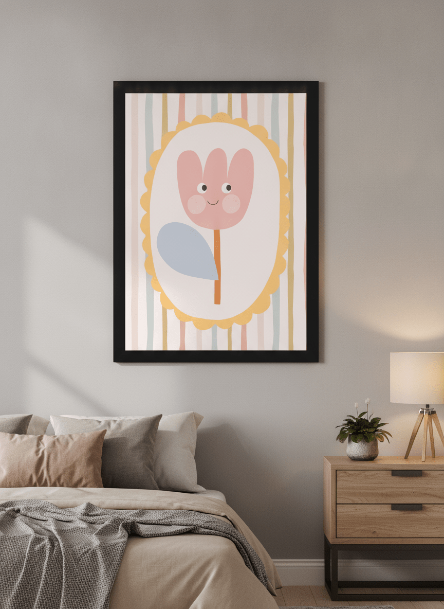 Minimalist artwork displayed in a calm, light-filled bedroom interior