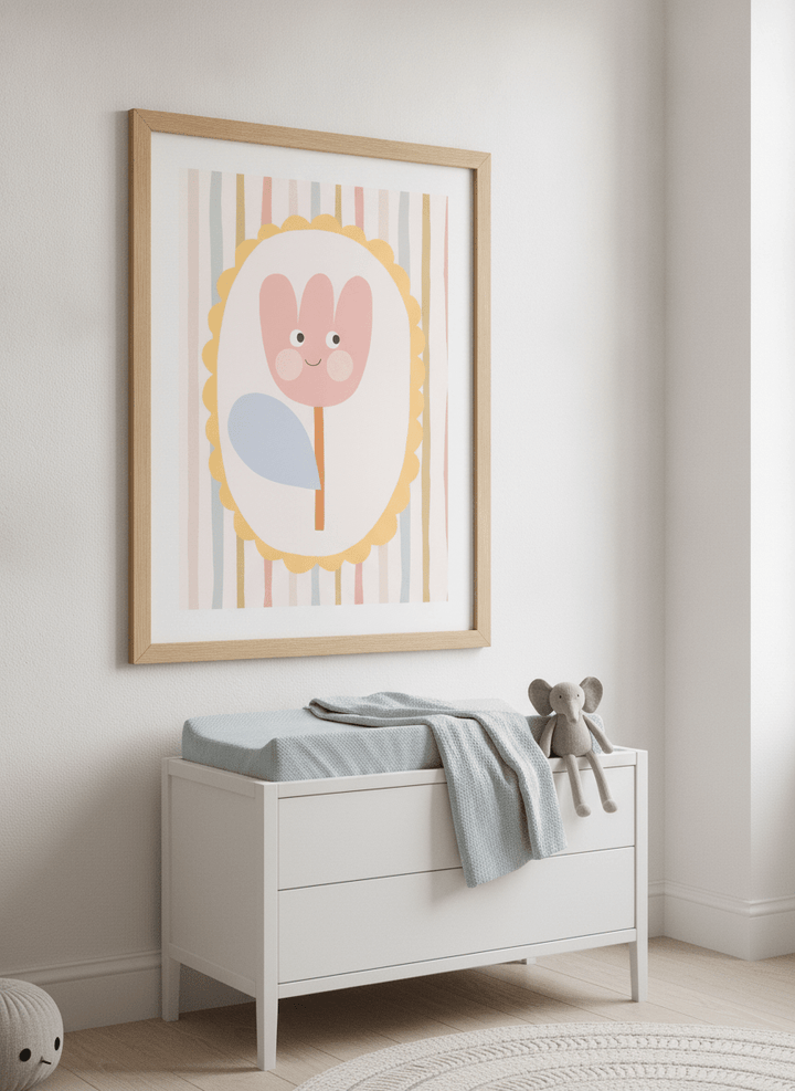 Soft neutral wall art styled in a serene nursery with pastel tones