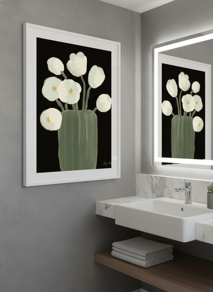 Modern print displayed in a clean minimalist bathroom setting