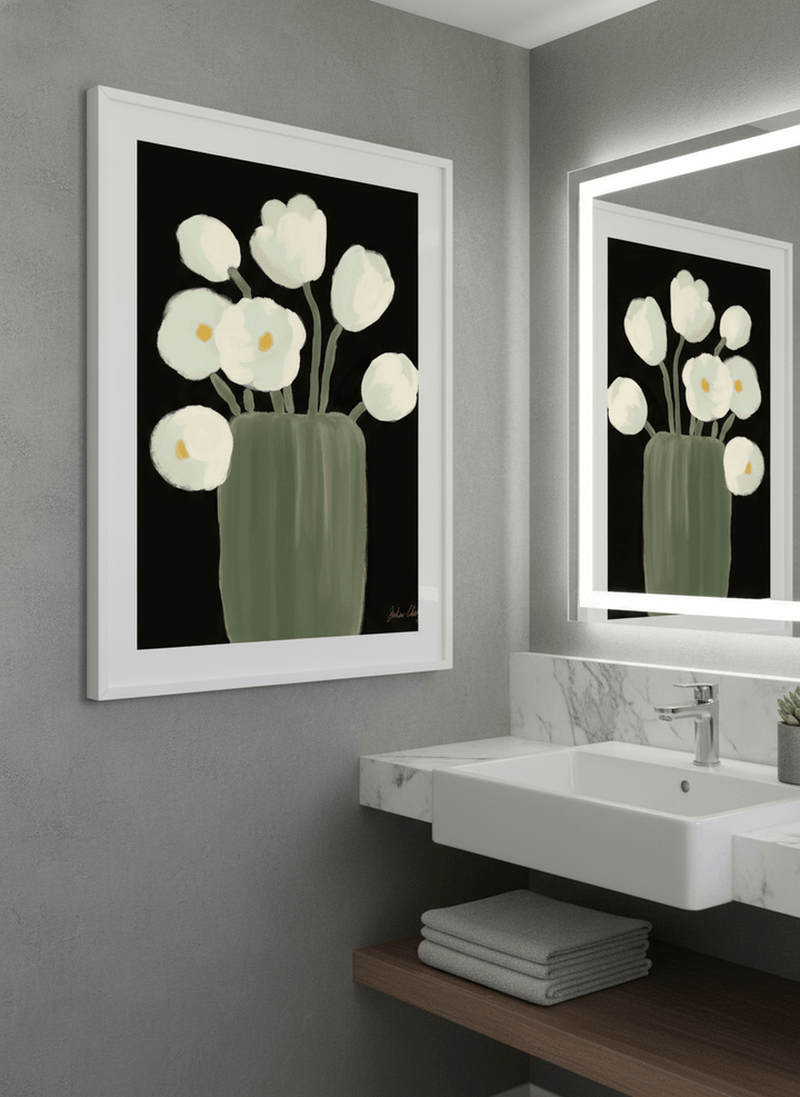 Modern print displayed in a clean minimalist bathroom setting