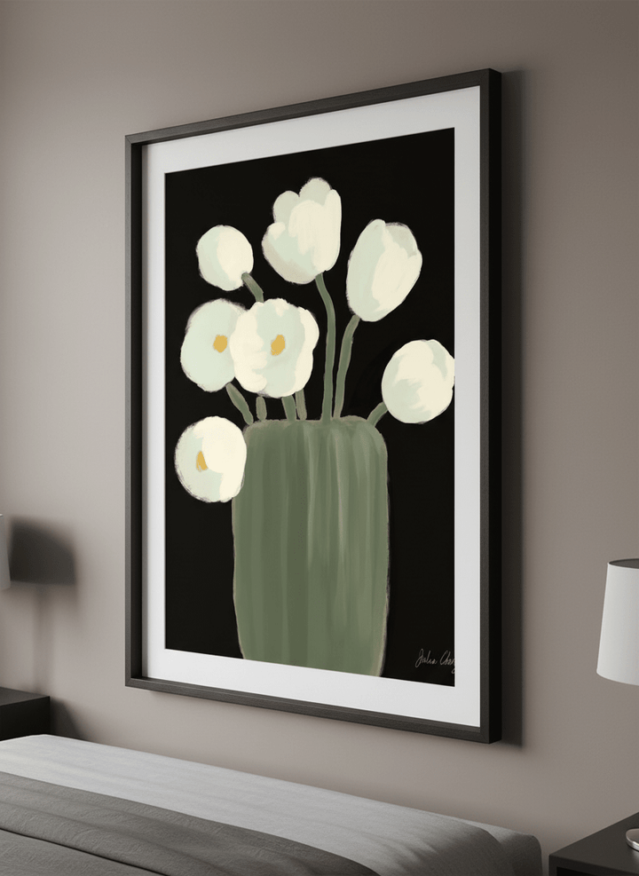 Minimalist artwork displayed in a calm, light-filled bedroom interior
