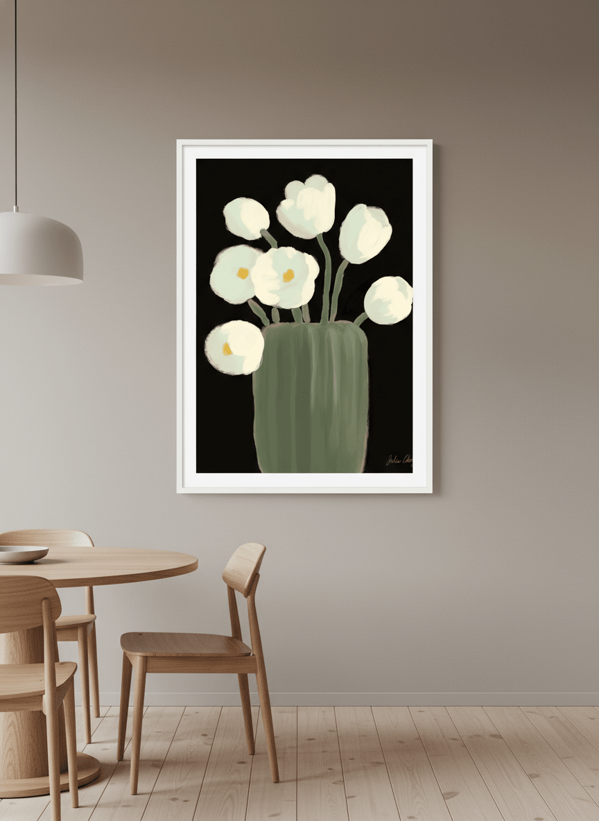 Wall art styled above a dining table in a contemporary home