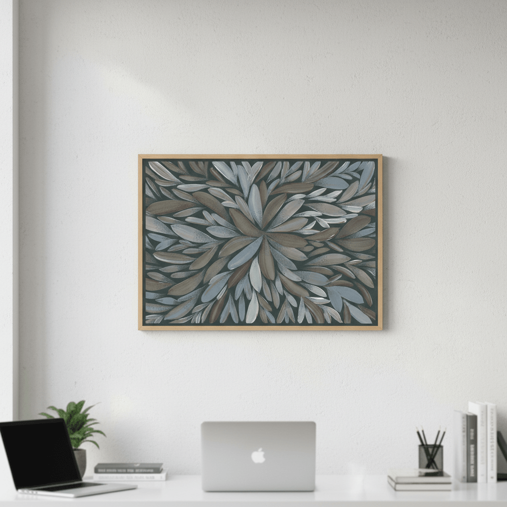 Tumbetin Baibaiye Healing Leaves Brown and Cream Blue Tone by Emma Rigney wall - art - picture - poster
