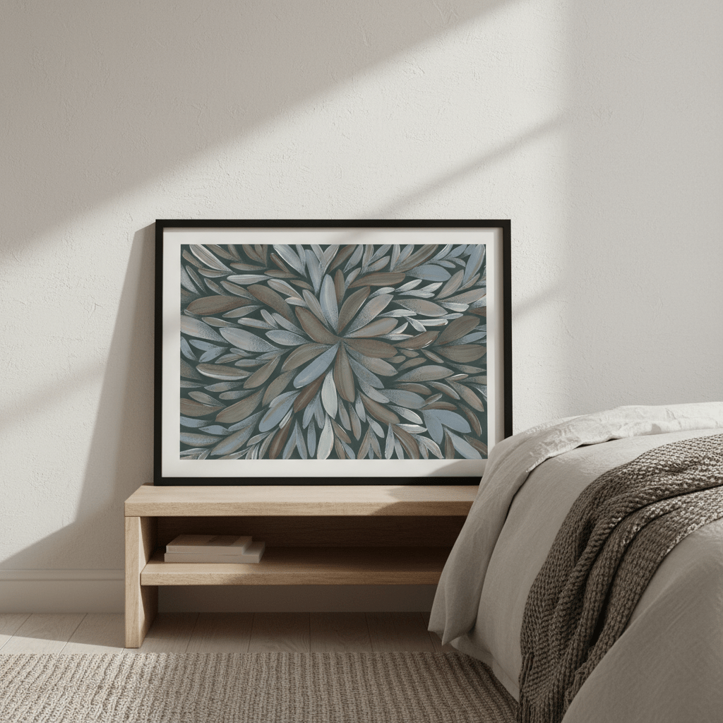 Tumbetin Baibaiye Healing Leaves Brown and Cream Blue Tone by Emma Rigney wall - art - picture - poster