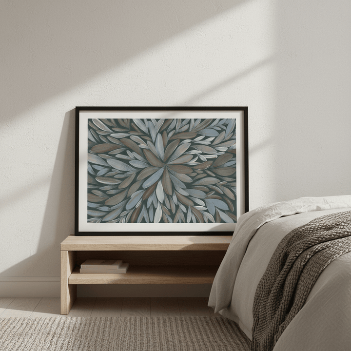 Tumbetin Baibaiye Healing Leaves Brown and Cream Blue Tone by Emma Rigney wall - art - picture - poster