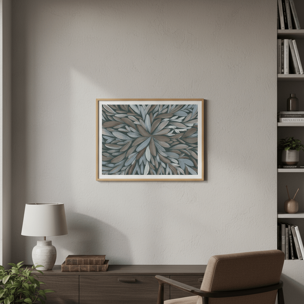 Tumbetin Baibaiye Healing Leaves Brown and Cream Blue Tone by Emma Rigney wall - art - picture - poster