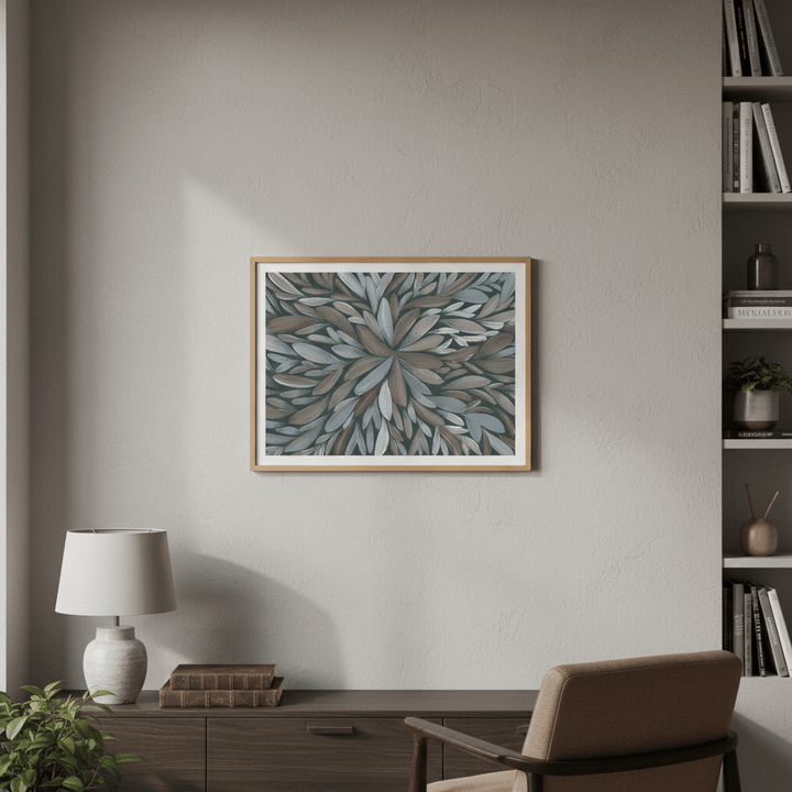 Tumbetin Baibaiye Healing Leaves Brown and Cream Blue Tone by Emma Rigney wall - art - picture - poster
