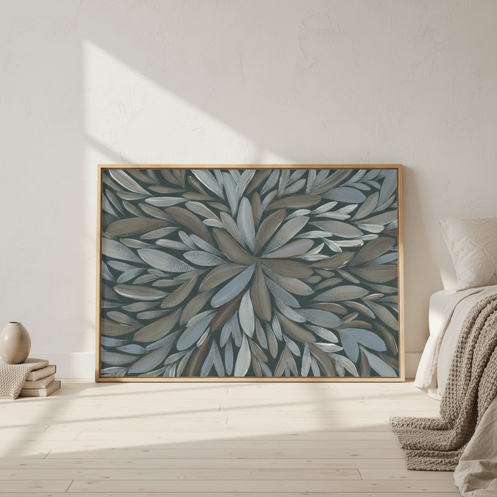 Tumbetin Baibaiye Healing Leaves Brown and Cream Blue Tone by Emma Rigney wall - art - picture - poster