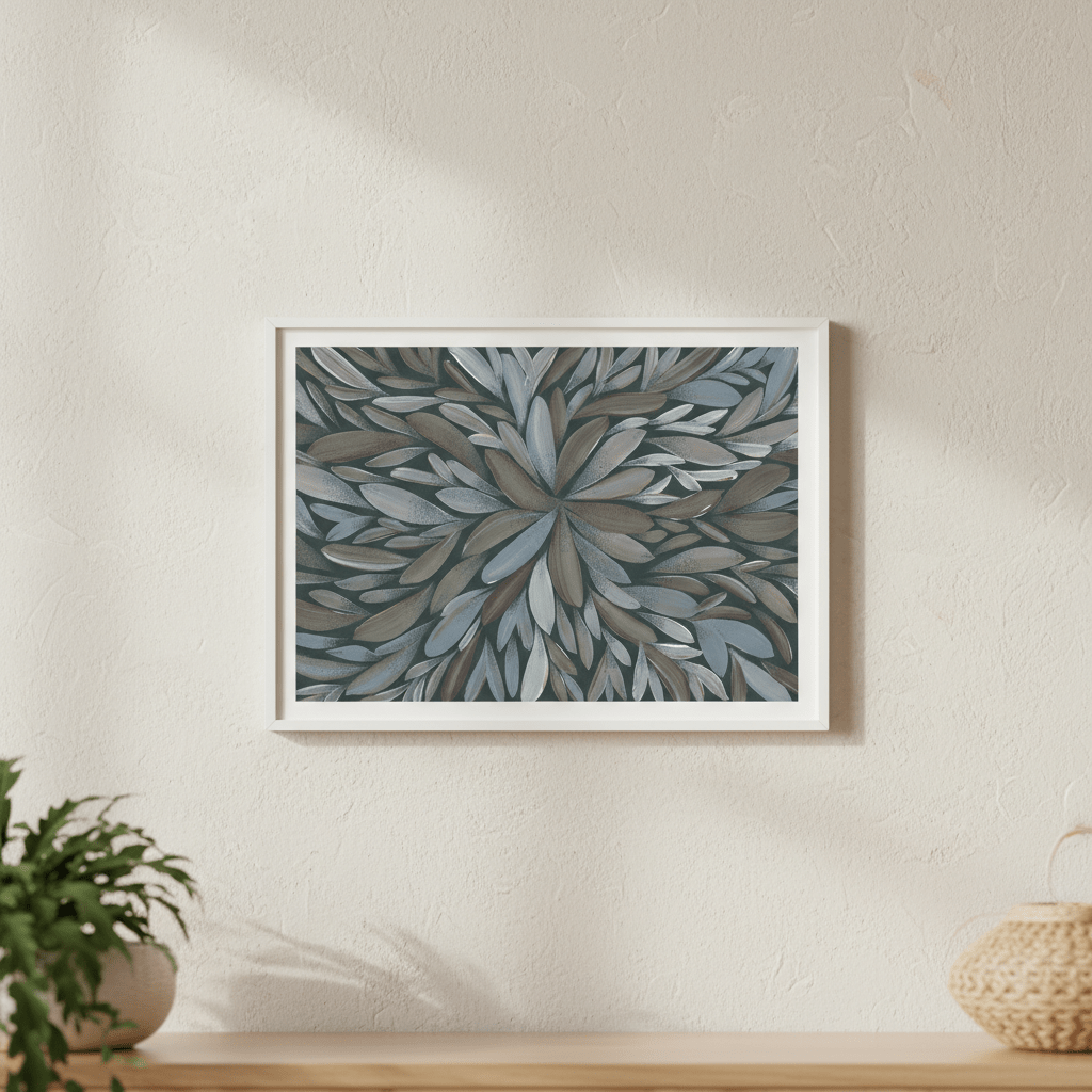 Tumbetin Baibaiye Healing Leaves Brown and Cream Blue Tone by Emma Rigney wall - art - picture - poster