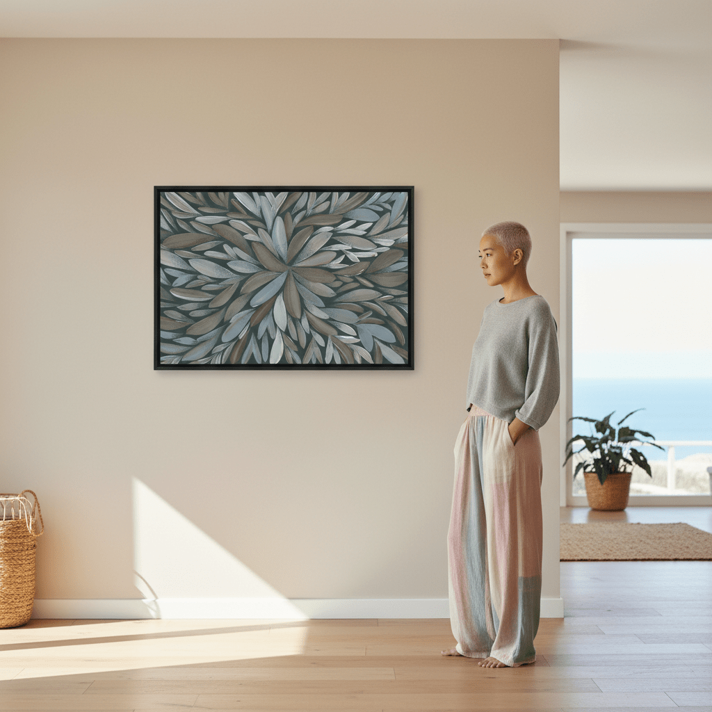 Tumbetin Baibaiye Healing Leaves Brown and Cream Blue Tone by Emma Rigney wall - art - picture - poster