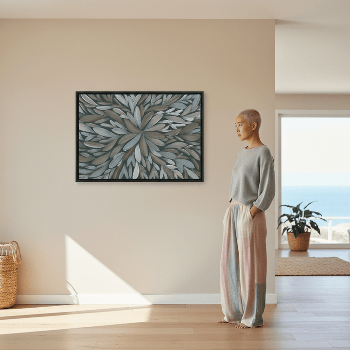 Tumbetin Baibaiye Healing Leaves Brown and Cream Blue Tone by Emma Rigney wall - art - picture - poster