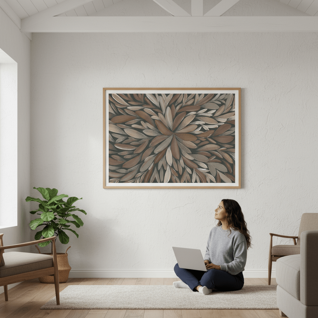 Tumbetin Baibaiye Healing Leaves Brown and Cream by Emma Rigney wall - art - picture - poster